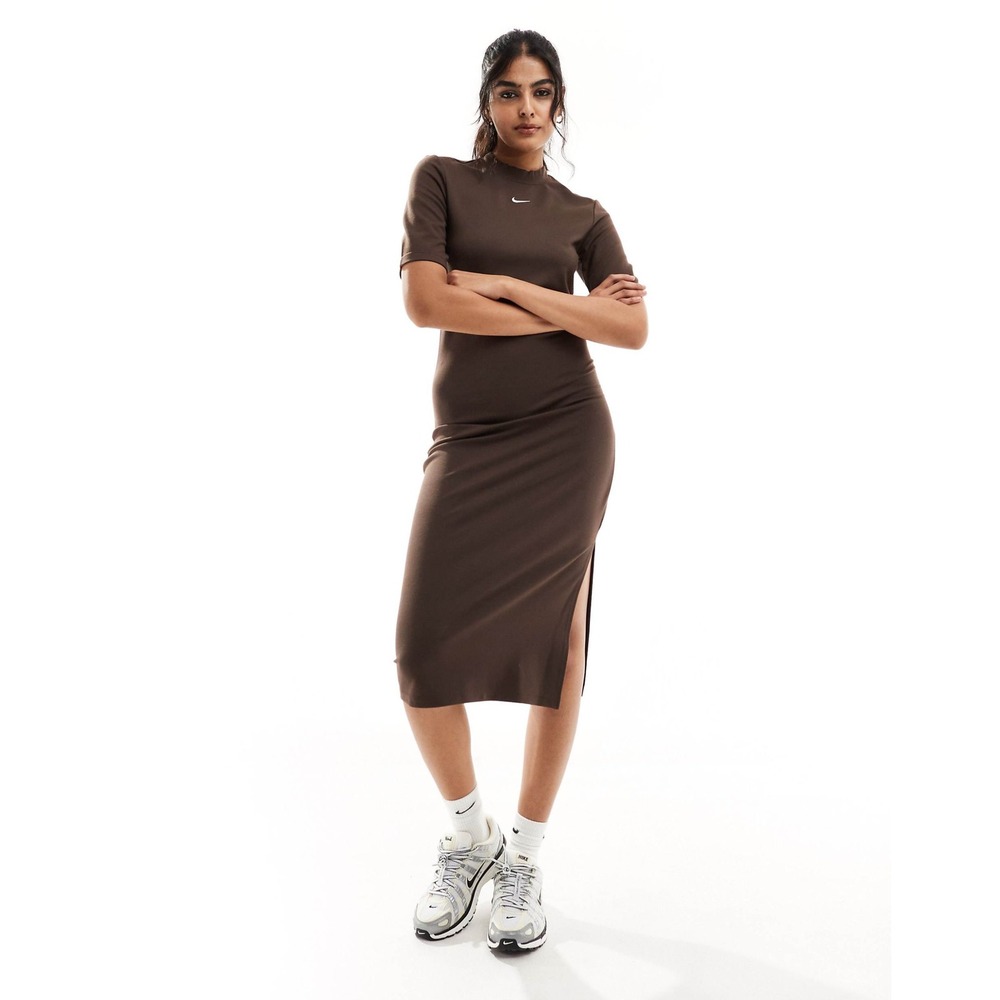 Nike Sportswear Essential Tight Midi Dress Brown Mock Neck L Bodycon Streetwear